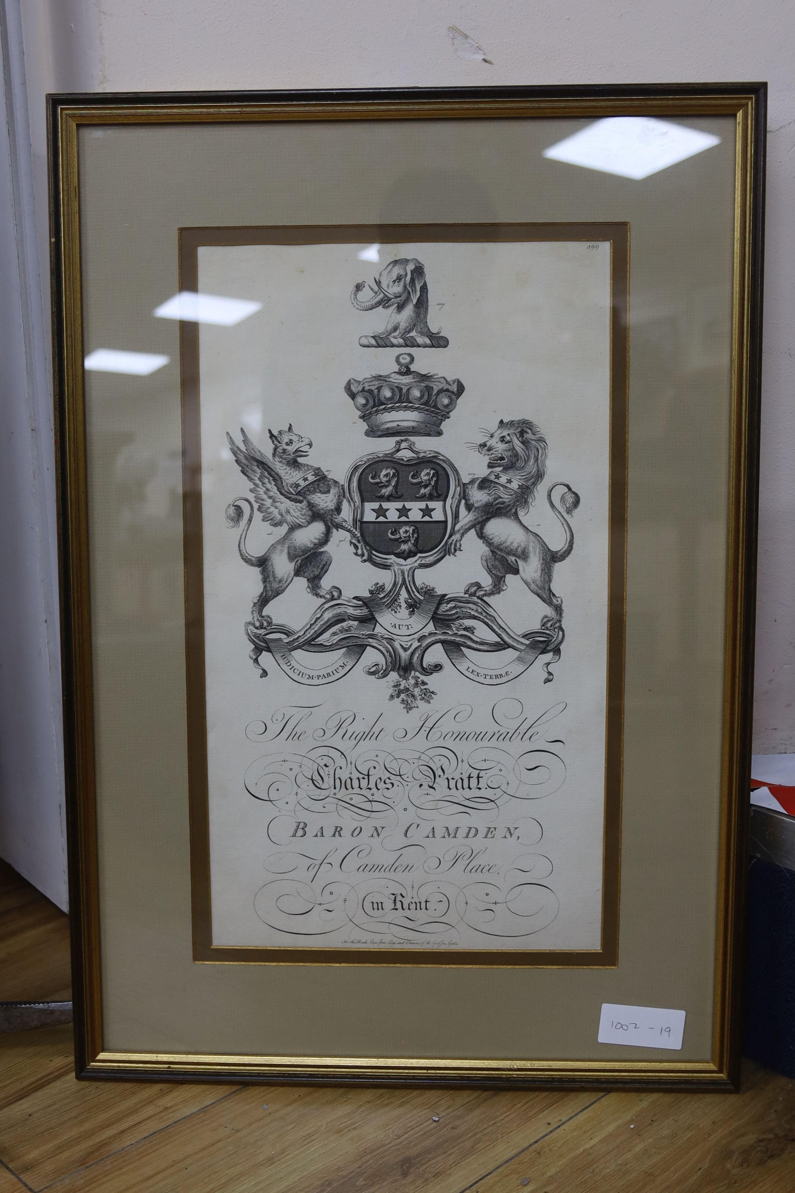 An 18th century engraving, Armorial of Charles Pratt, Baron of Camden of Hampden Place, Kent, 42 x 23cm